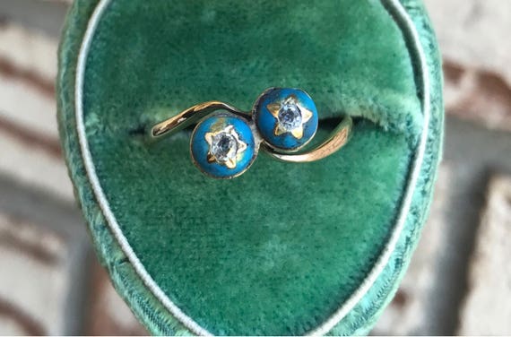 Antique Blue Enamel Diamond Star Moi et Toi Ring 9