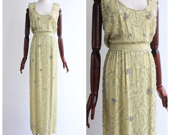 Vintage jaren 1960 kralen jurk vintage 1960's Malcom Starr gele kralen avondjurk 1960s gele kralen Malcom Starr Gown UK 10 US 6