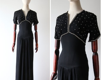 Vintage 1930's Dress 1930's Black Silk Rhinestone Embellished evening dress 1930's silk evening gown original Art Deco dress UK 6 US 2