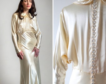 Vintage 1930's Cream Satin Dress 1930's Cream bias cut satin dress 1930's bridal 1930's silk wedding dress Art deco evening gown UK 10 US 6