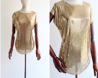 Whiting & Davis gold mesh blouse UK 14 US 10 vintage Whiting and Davis disco blouse vintage gold mesh blouse 1980s eighties blouse