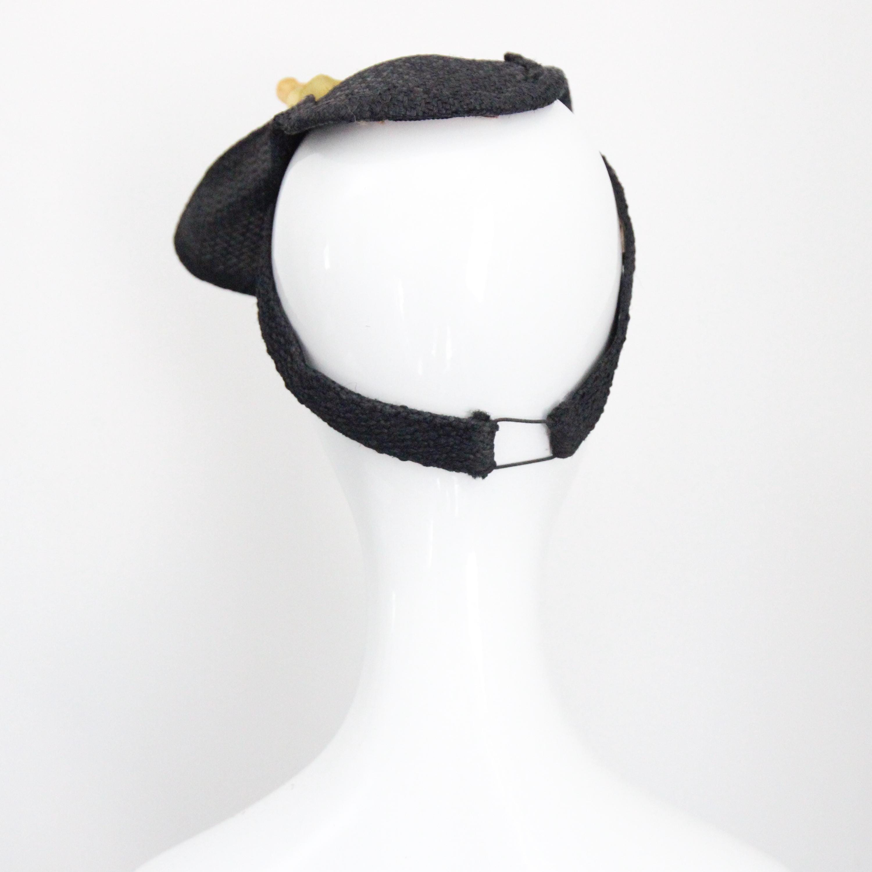 ROMANTIC 1930s\' BLACK STRAW HAT - SEE-THROUGH BRIM & YELLOW FLOWERS AT THE BACK 1930 main image 3