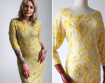 Vintage 1960's sequin dress yellow floral sequin and beaded wool wiggle dress silk lined fitted sequin dress original 1960 dress UK !2 US 8