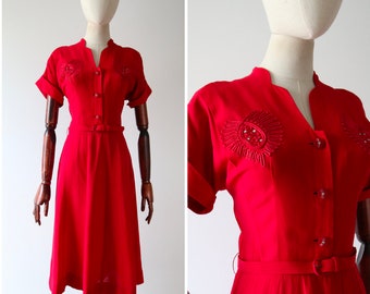 Vintage 1940's dress vintage 1940s red dress original 1940s day dress soutache embroidery red crepe dress forties fashion vintage UK 10 US 6