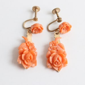 Vintage 1930&#39;s coral celluloid rose screw back earrings 1930s earrings 1930s jewellery 1930s jewelry thirties art deco 1930s fashion