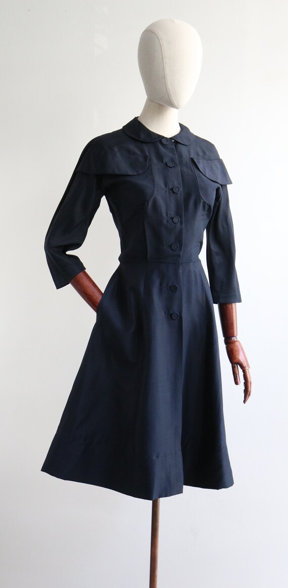Vintage 1950's navy blue silk pocket detail dress… - image 6