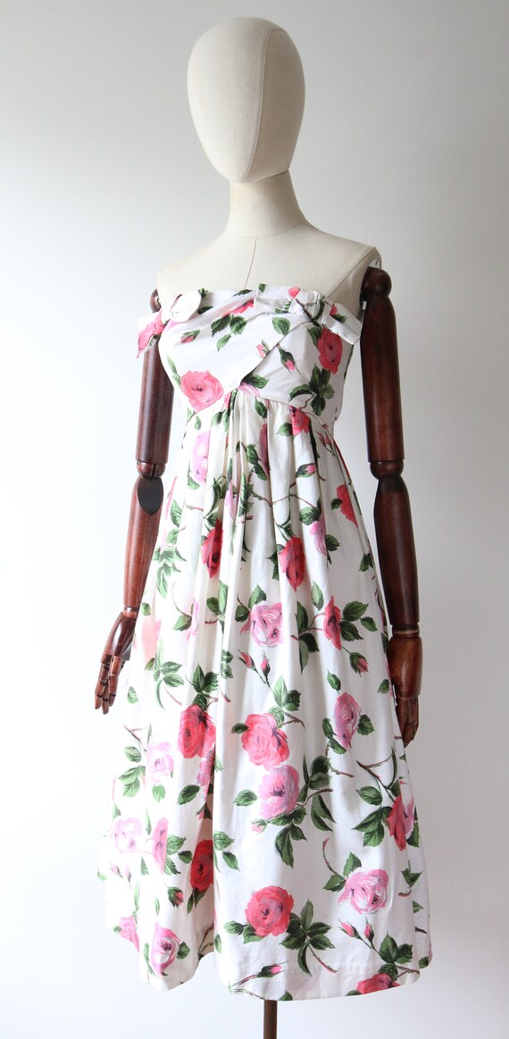 1950s Pink Rose Print Strapless Dress | XS/S