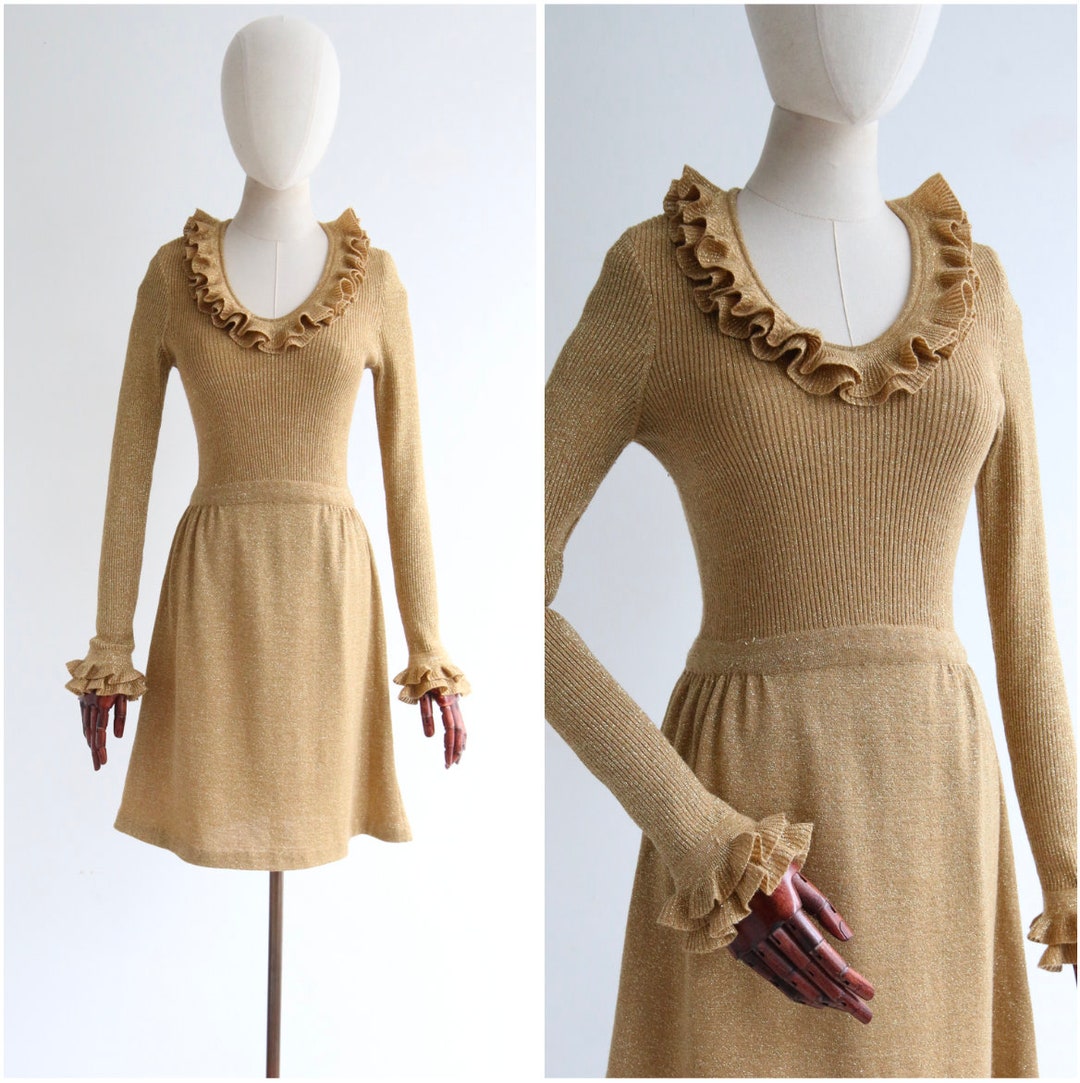 Vintage 1960's Gold Wool & Lurex Thread Dress UK 810 US 46 Original