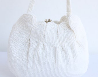 Vintage 1950's white rocaille beaded petal design handbag original 1950s handbag 1950s beaded bag 1950s white bag fifties 1950s beaded bag