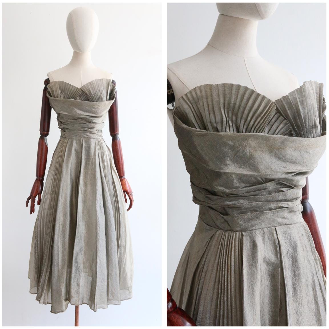 Vintage 1950's silver pleated organza dress sweetheart neckline strapless dress vintage 1950's pleated bust fit flare 1950's dress UK 8 U S4