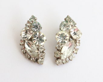 Vintage 1950's rhinestone leaf shaped clip on earrings 1950s rhinestone earrings vintage rhinestones 1950s jewellery fifties 1950s fashion