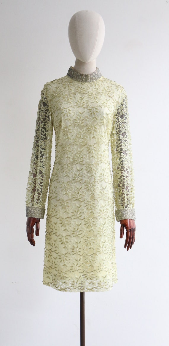 Pale Yellow & Silver Beadwork Vintage 1960's Pale Yellow Lace Beaded Dress UK 10-12 US 6-8 Pale Yellow & Silver Beadwork Vintage 1960's Pale Yellow Lace Beaded Dress UK 10-12 US 6-8