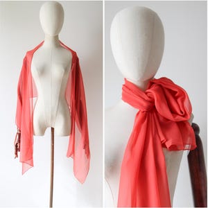 Vintage 1950&#39;s Coral Silk Chiffon Long neck scarf original fifties silk scarf 1950&#39;s silk chiffon scarf coral silk scarf