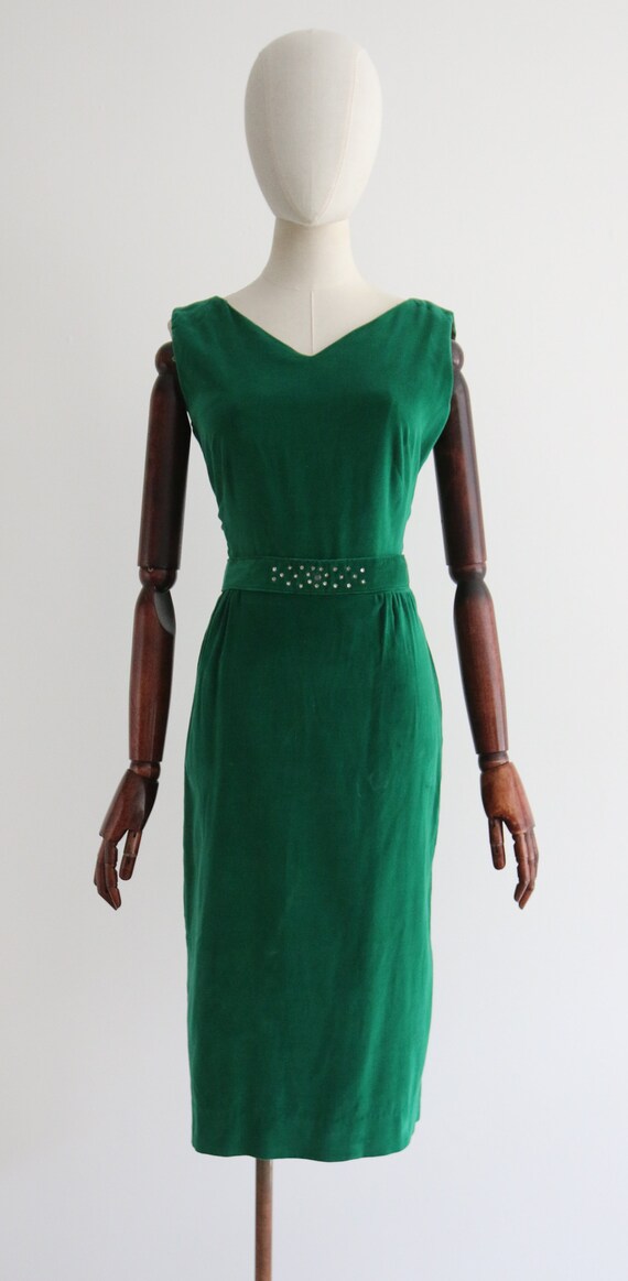 Pine Green Velvet Vintage 1950's Pine Green Velvet & Rhinestone Detail Dress UK 8 US 4