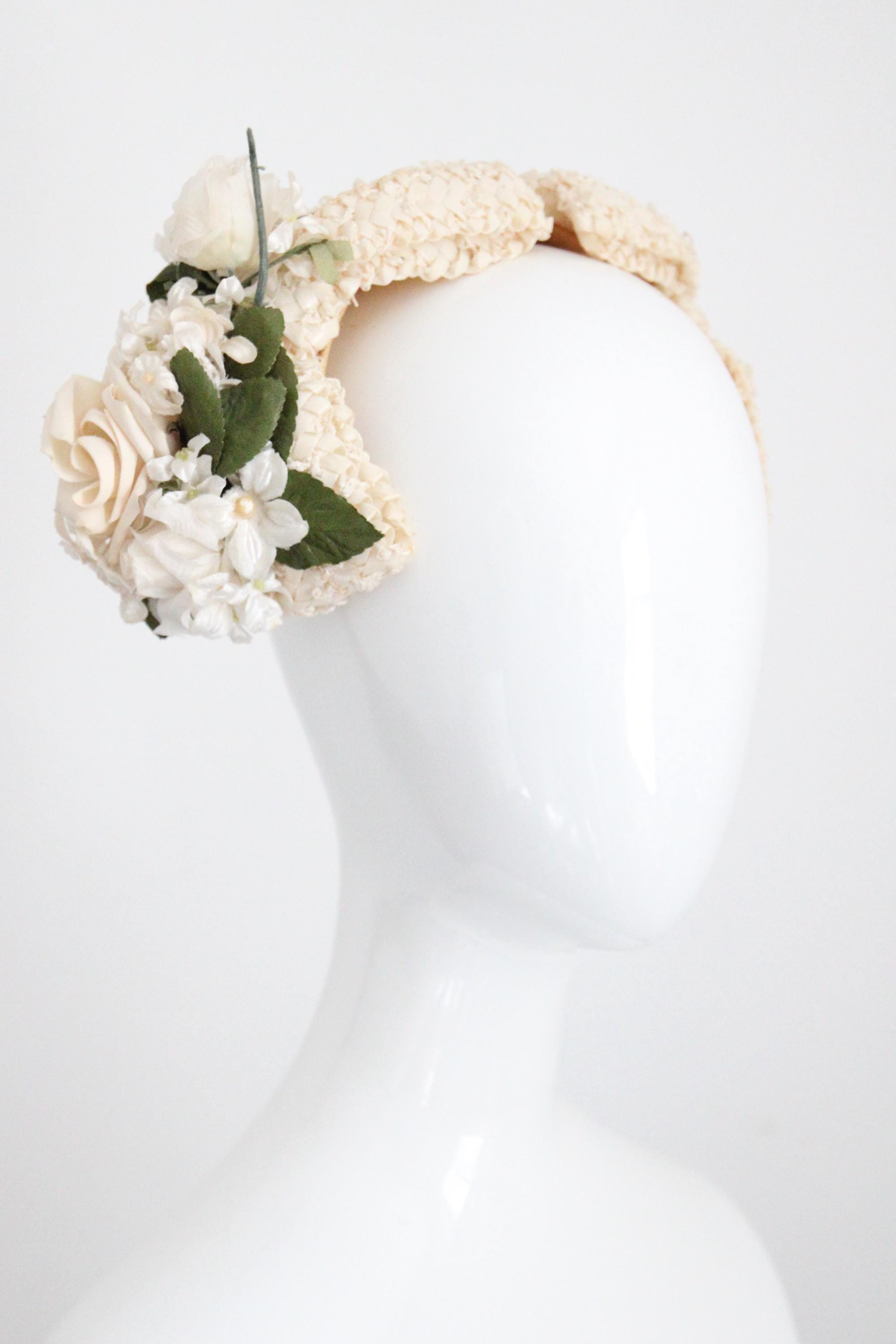 Vintage Cream Floral Raffia Hat Vintage 1950 main image 3
