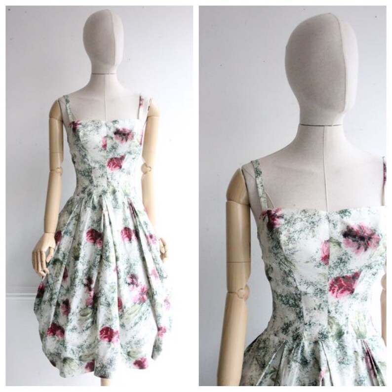 Vintage 1950 S Dress Original 1950 S Swing Dress Circle Dress Fitted Green Floral 1950 S Revival Midcentury Dress Jive Dress Dress Uk 4 6