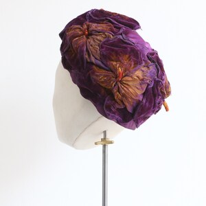 Vintage 1920's purple silk velvet & satin floral hat original 1920s hat 1920s velvet hat 1920s purple hat handprinted hat vintage velvet hat image 4