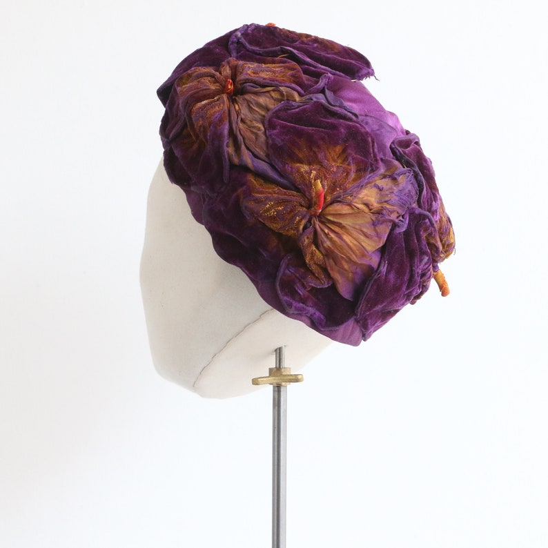 Vintage 1920's purple silk velvet & satin floral hat original 1920s hat 1920s velvet hat 1920s purple hat handprinted hat vintage velvet hat image 4