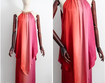 Vintage 1960's ombré tunic and skirt set vintage 1960's halter neck blouse and longline skirt sunset ombré  silk skirt suit UK 10-14 US 6-10