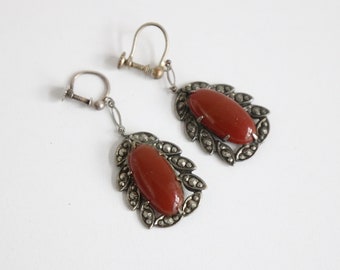 Vintage 1930's floral marcasite & rust cabochon screw back earrings original 1930s earrings vintage marcasite earrings thirties earrings