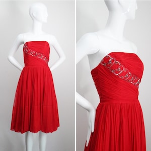 Vintage 1950&#39;s red strapless cocktail dress 1950&#39;s fit and flare red beaded dress 1950s silk chiffon beaded dress 1950s dress UK 4-6 US 02