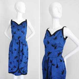 Vintage 1950&#39;s Cobalt Blue Satin Beaded Cocktail Dress Butterfly Beaded Tulip Cut Dress original 1950 Couture Blue Satin Dress UK 6-8 US 2-4