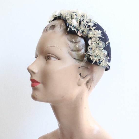 Vintage 1950's navy blue beaded felt hat vintage 1