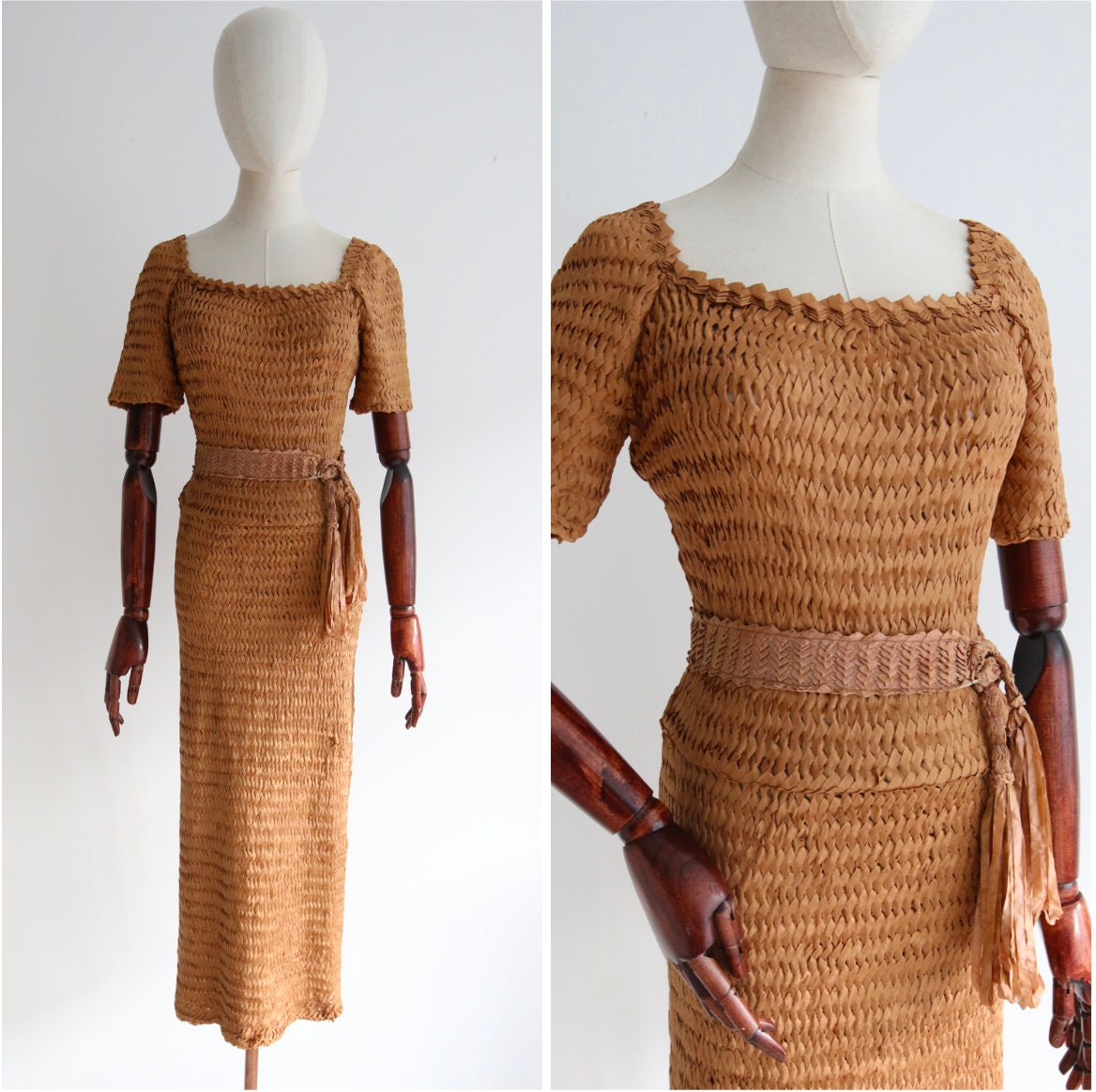 Vintage 1930's Woven Ribbon Work Dress Original 1930's Caramel