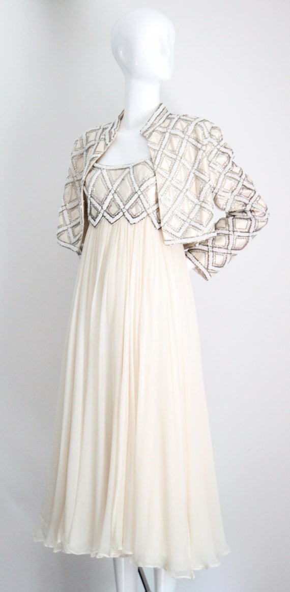 cream empire line dress Vintage 1960's Cream Silk Chiffon and Glass Beaded Empire Line Dress and  Matching Jacket 1960s Cream Silk Beaded Dress and Jacket UK 10 US 6
