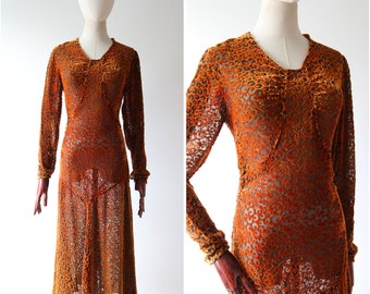 Vintage 1930's Silk velvet devoré amber pleated dress 1930's abstract silk velvet burnout dress orange Art deco Bias cut UK 8 US 4