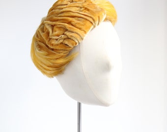 Vintage 1940's hat vintage 1940's yellow silk velvet pleated hat millinery feather hat vintage 1940's silk velvet hat percher hat milliner