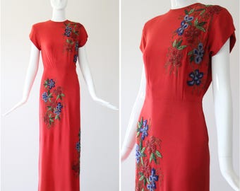 Vintage 1940's Red Crepe Silk Evening gown 1940's beaded evening dress 1940's floral beaded evening gown soutache embroidery UK 10 US 6