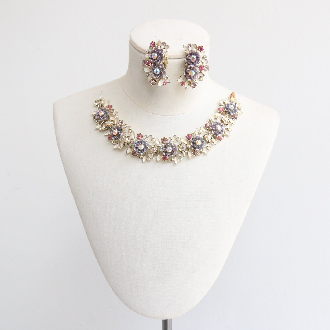 Vintage 1960's BSK Enamel Lilac Floral Demi-parure Set Original 1960s 
