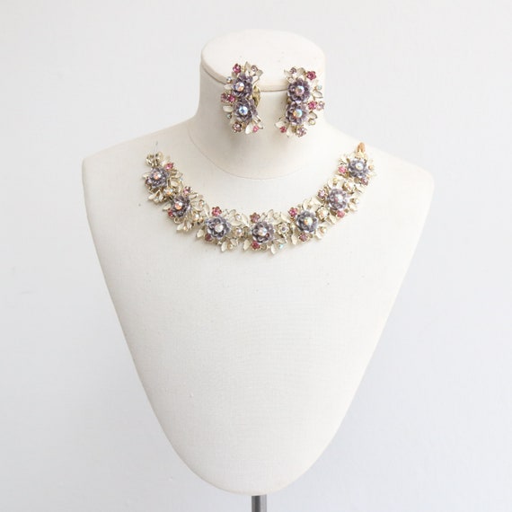 Vintage 1960's BSK enamel lilac floral demi-parure set original 1960s jewellery vintage jewellery set sixties 1960s vintage 1960s earrings