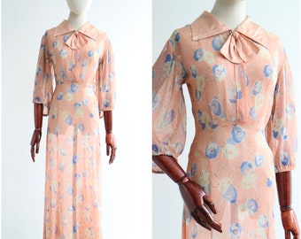 Vintage 1930's blush pink and blue floral dress UK 8 US 4 original 1930s dress 1930s floral dress Art Deco fashion vintage floral dress