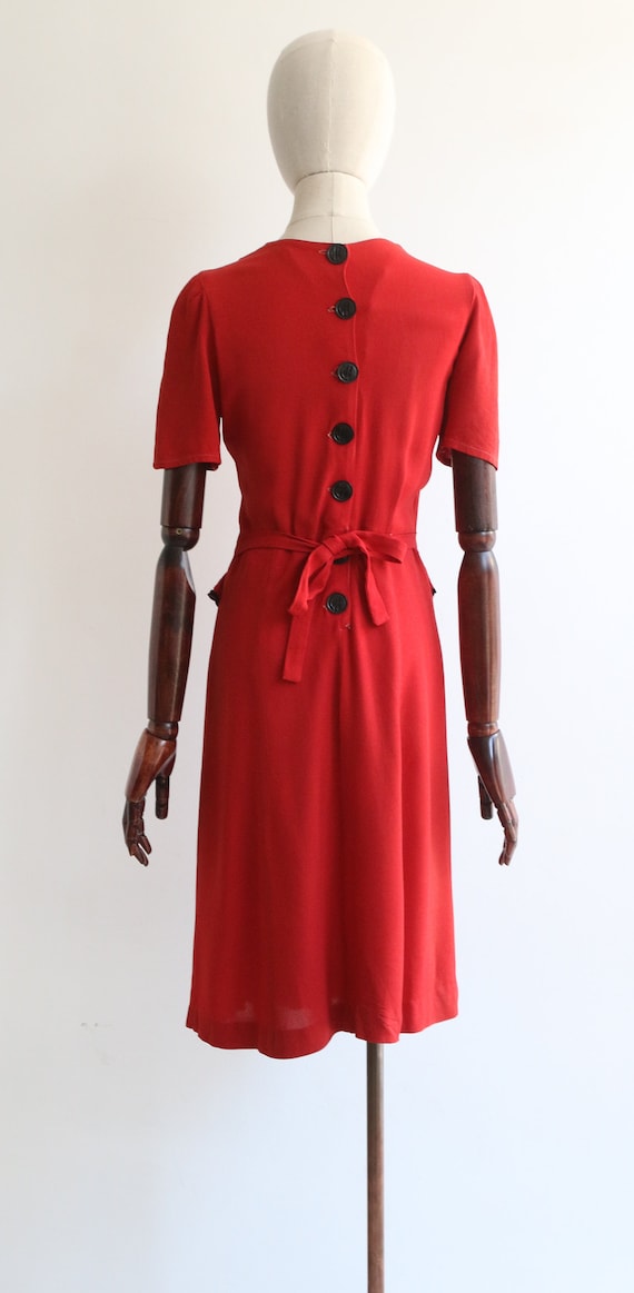 Vintage 1940's red crepe & black velvet trim dres… - image 8