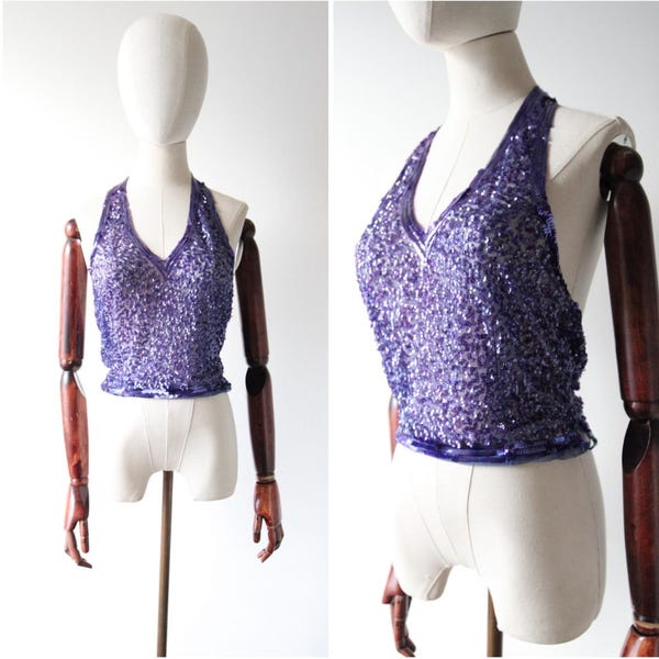 Women Purple Tulle Sequin V Neck Crop Top