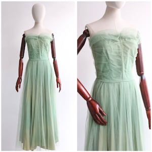 Vintage 1950&#39;s sage green tulle dress UK 8 US 4 original 1950s dress 1950s strapless dress 1950s green dress vintage tulle dress fifties