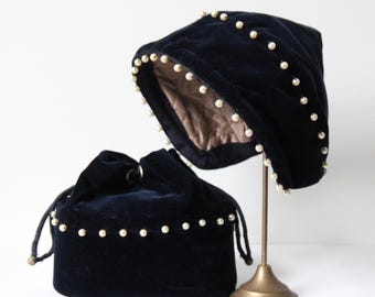 Vintage marineblauwe pixiehoed uit de jaren 40 en bijpassend tasje met bijpassende hoed en schoenen uit de jaren 40 vintage handtas en pixiehoed uit de jaren 40 fluweel