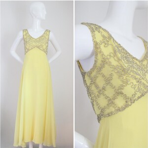 Vintage 1960s yellow silk chiffon beaded evening gown 1960&#39;s silk beaded evening dress Mike Benet silk chiffon silver beaded gown UK 8 US 4