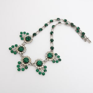 Vintage 1930&#39;s Emerald Green Rhinestone Silver Floral Rhinestone Necklace original 1930&#39;s rhinestone necklace Art Deco Jewellery