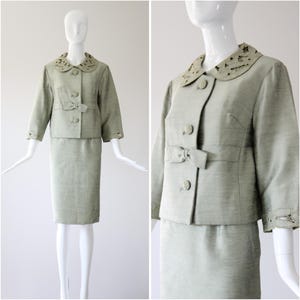 Vintage 1960s skirt suit sage green silk skirt suit green cut out floral lace Peter Pan collar jacket and matching skirt suit UK 8-10 US 4-6