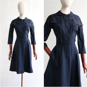 Vintage 1950's navy blue silk pocket detail dress UK 8 US 4 original 1950s dress 1950s silk dress 1950s navy dress vintage silk dress