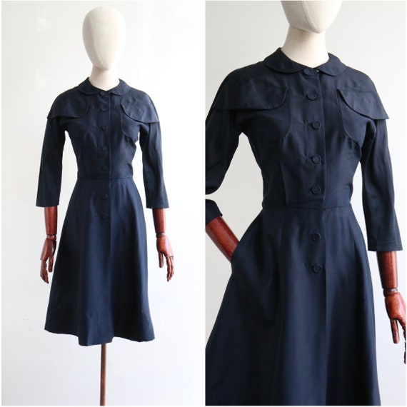 Vintage 1950's navy blue silk pocket detail dress… - image 1