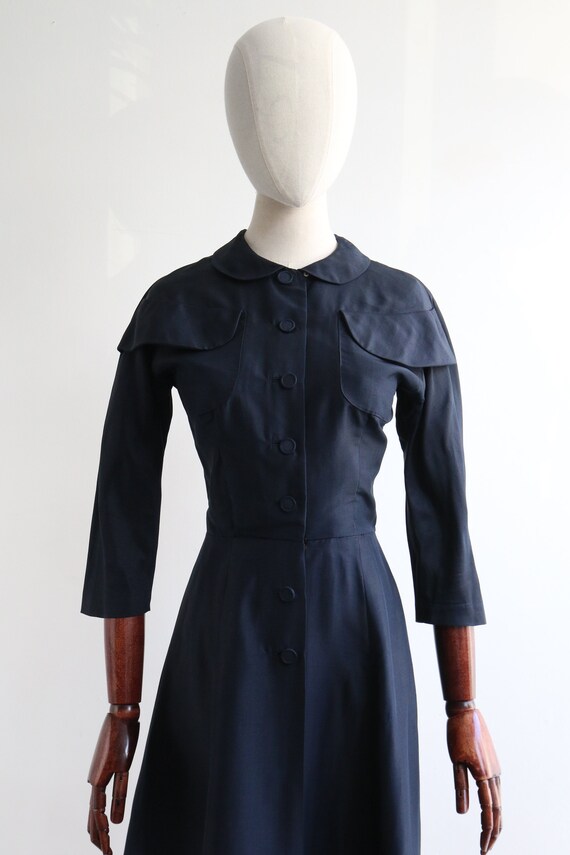 Vintage 1950's navy blue silk pocket detail dress… - image 3