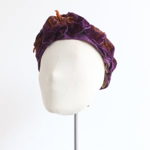 Vintage 1920's purple silk velvet & satin floral hat original 1920s hat 1920s velvet hat 1920s purple hat handprinted hat vintage velvet hat image 6