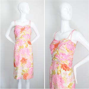 Vintage 1950&#39;s satin floral dress vintage 1950&#39;s satin boned pink and orange silk satin original fifties wiggle dress 1950&#39;s UK 10 US 6