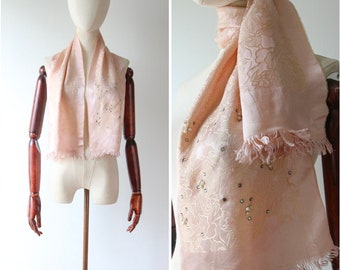 Vintage 1950's blush pink silk brocade neck scarf original 1950's blush brocade rhinestone and pearl embellished silk scarf 1950 pink scarf