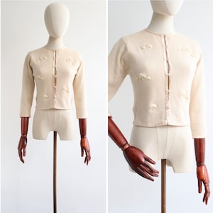 Vintage 1950&#39;s cream mushroom embroidered cardigan UK 10 US 6 original 1950s cardigan vintage mushroom cardigan 1950s knitwear vintage knit