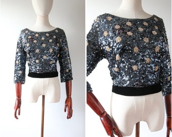 Vintage 1960's vintage blouse vintage 1960's sequin blouse sequin silk velvet blouse 1960's evening blouse cocktail top grey UK 8-10 US 4-6